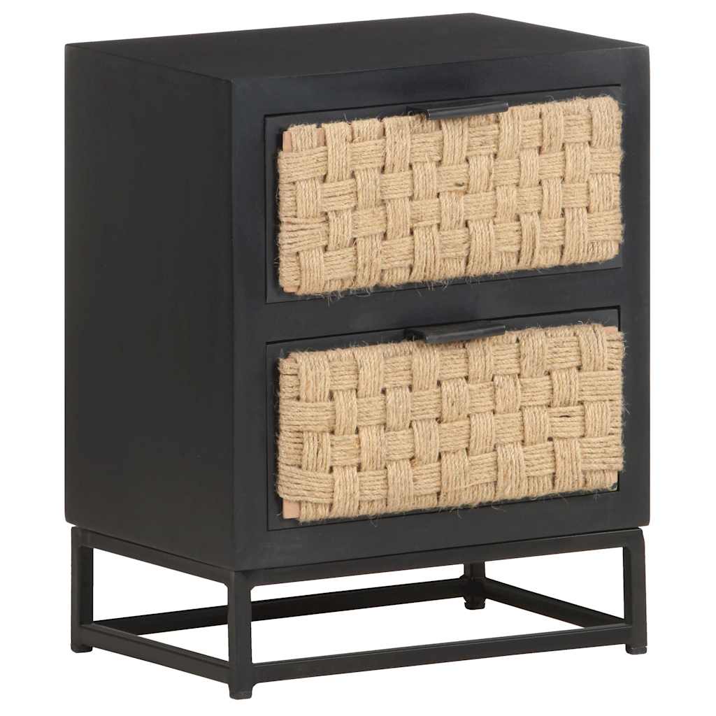 Bedside Cabinet | Black, Natural | Solid Mango Wood, Iron, Jute