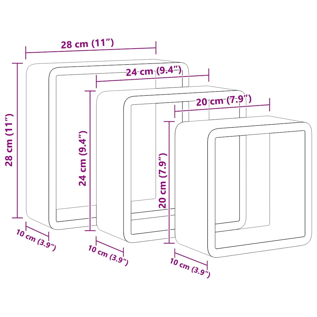 Wall Cube Shelf | Set of 3 | White | MDF | Small, Medium, Large