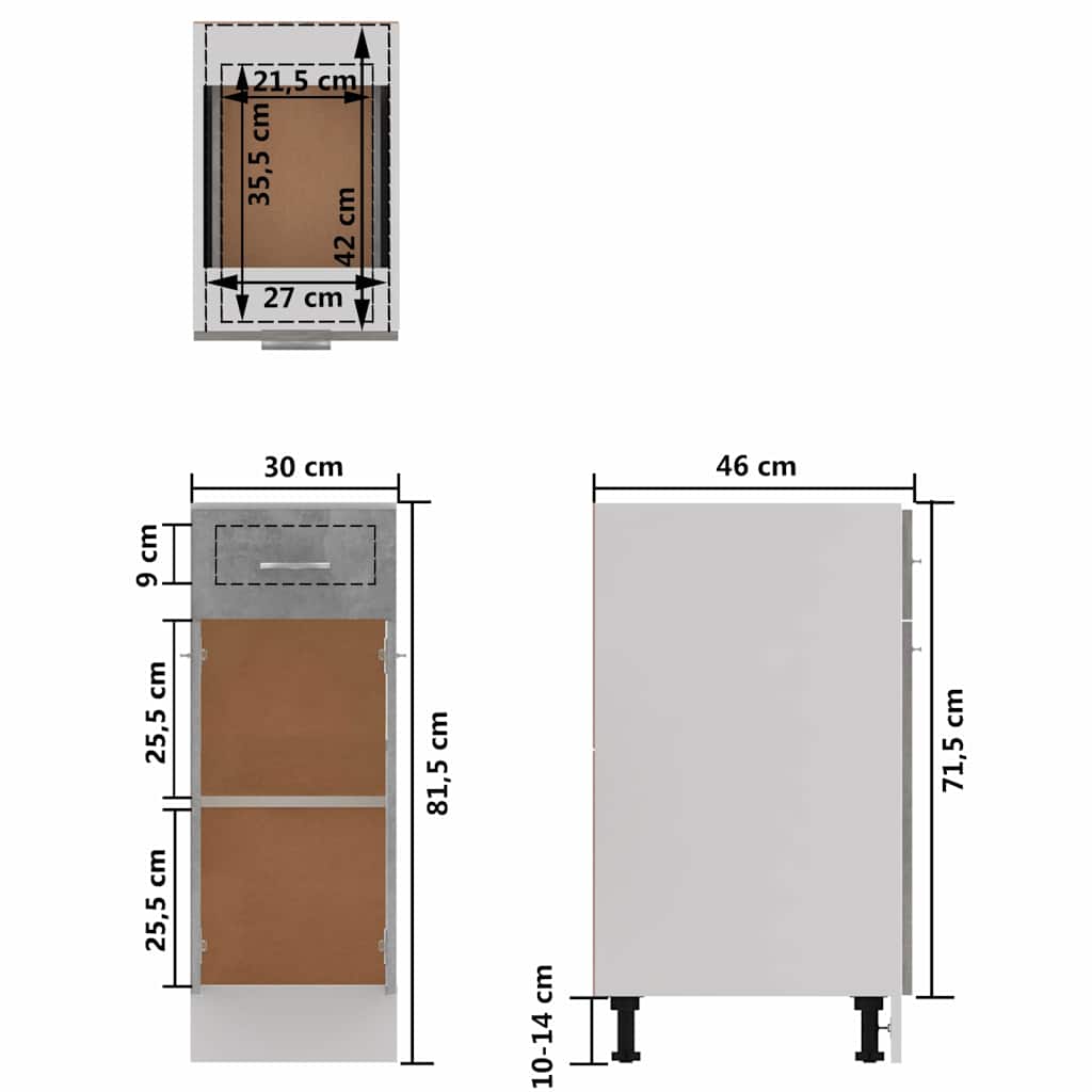 Drawer Bottom Cabinet | Concrete grey | Engineered wood | 30x46x81.5 cm