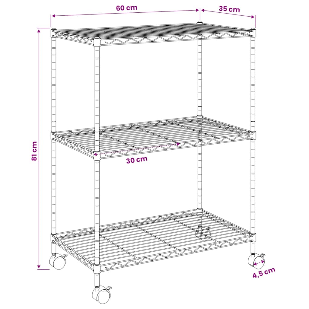 3-Tier Storage Rack with Wheels 60x35x81 cm Black 150 kg