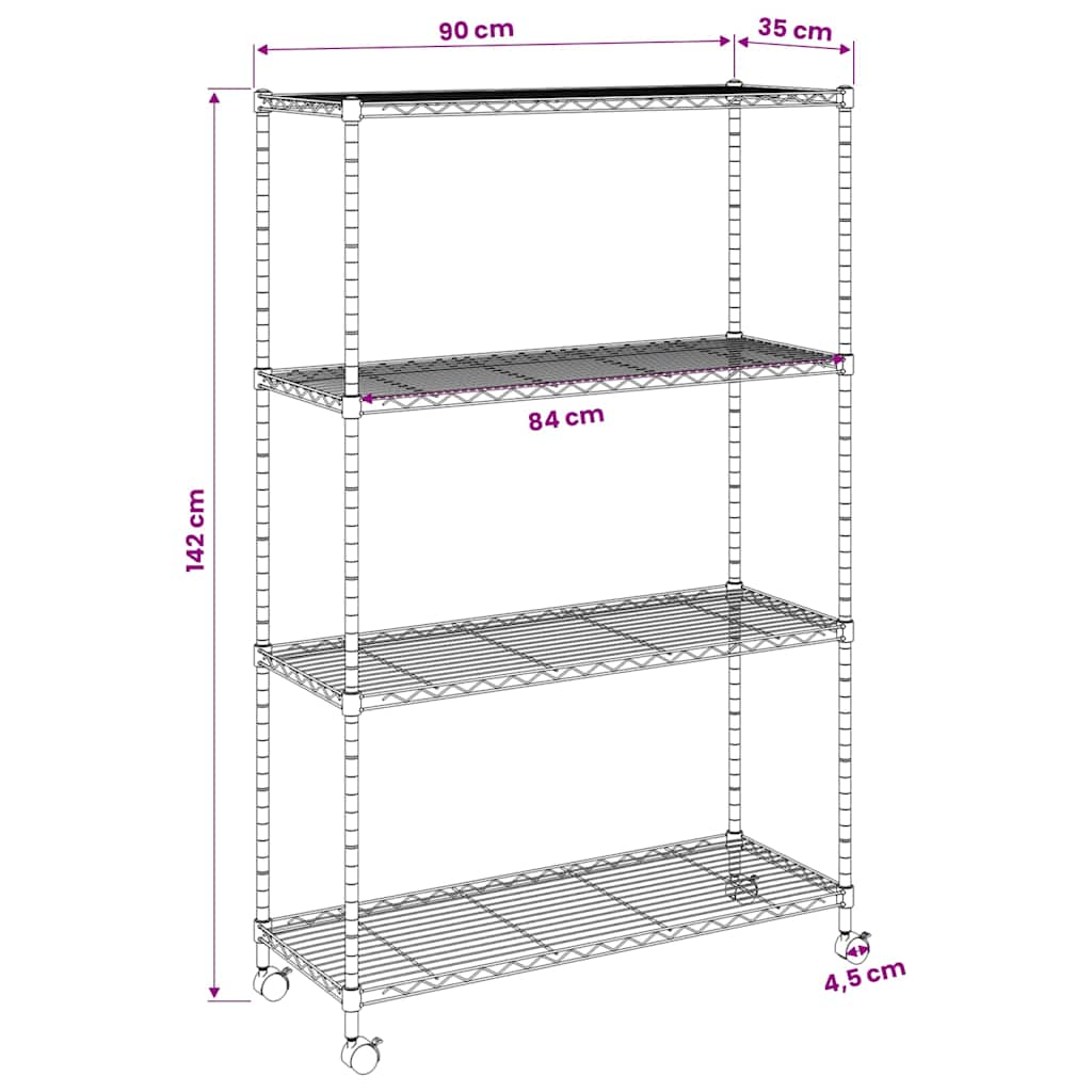 4-Tier Storage Shelf with Wheels 90x35x142 cm Black 200 kg