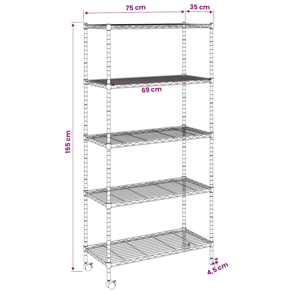 5-Tier Storage Shelf with Wheels 75x35x155 cm Chrome 250 kg