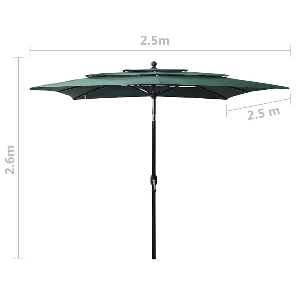 313837 vidaXL 3-Tier Garden Parasol with Aluminium Pole Green 2,5x2,5 m