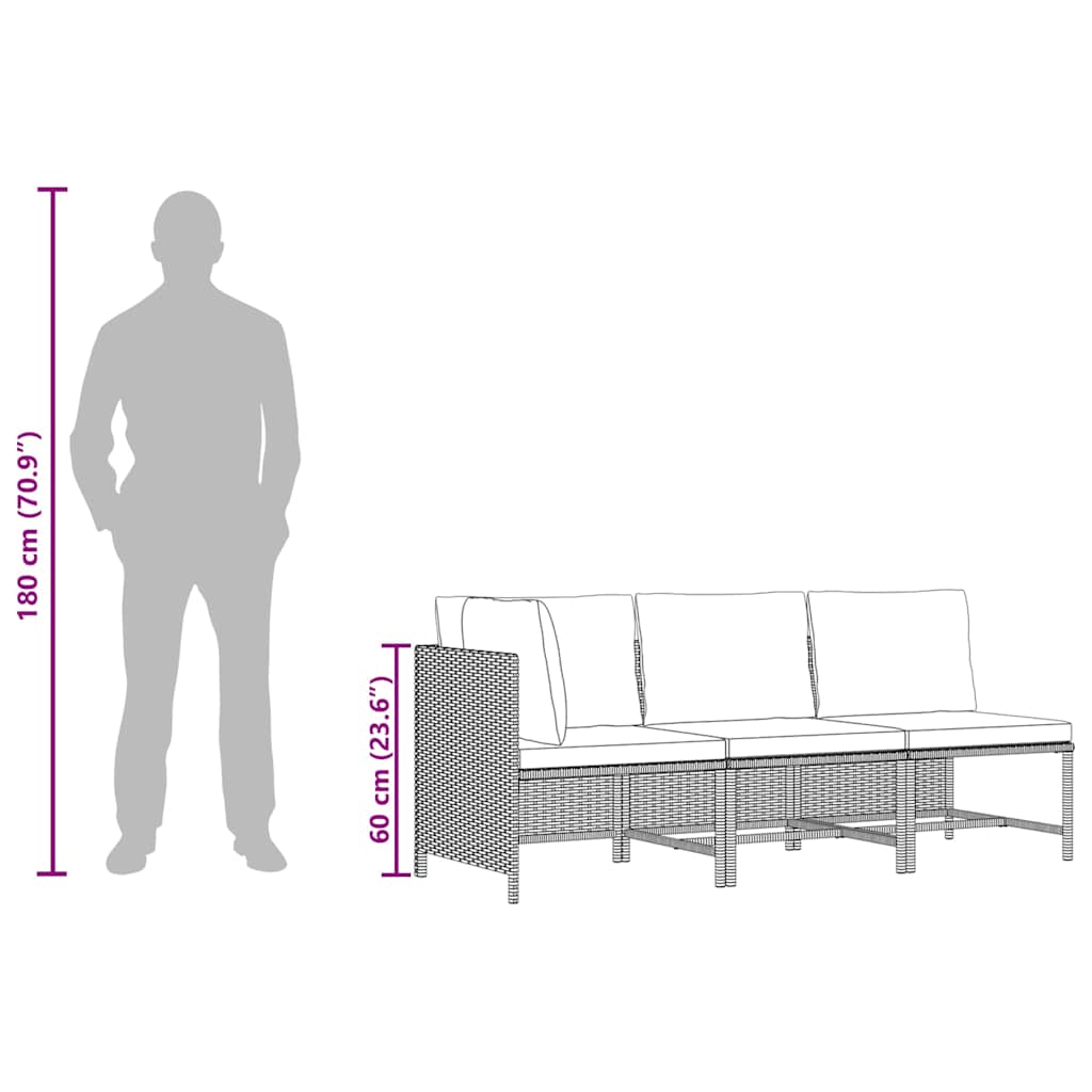 3 Piece Patio Sofa Set with Cushions Black Poly Rattan