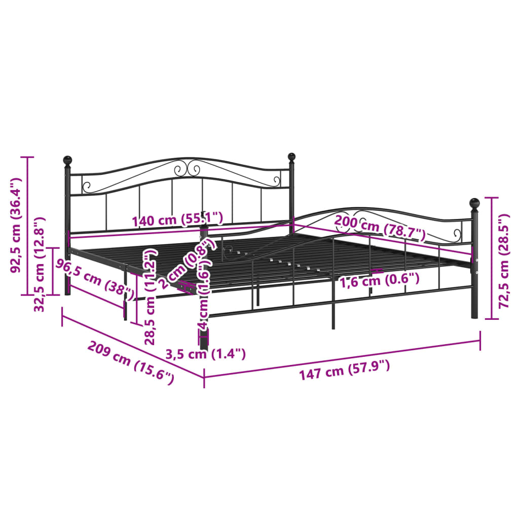 Bed Frame | Black | Powder-coated metal | 140x200 cm Mattress Size