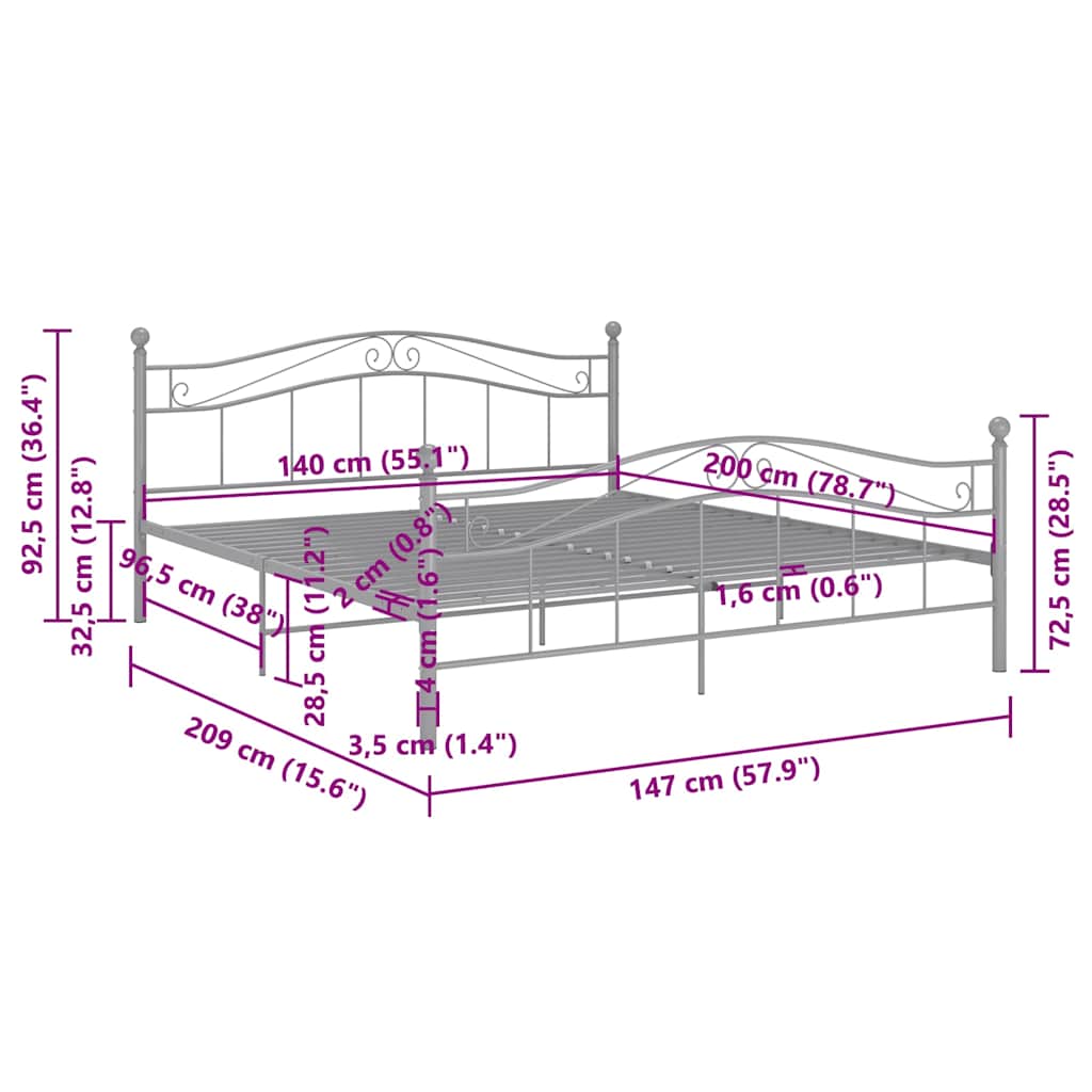 Bed Frame | Grey | Powder-coated metal | 140 x 200 cm | Durable