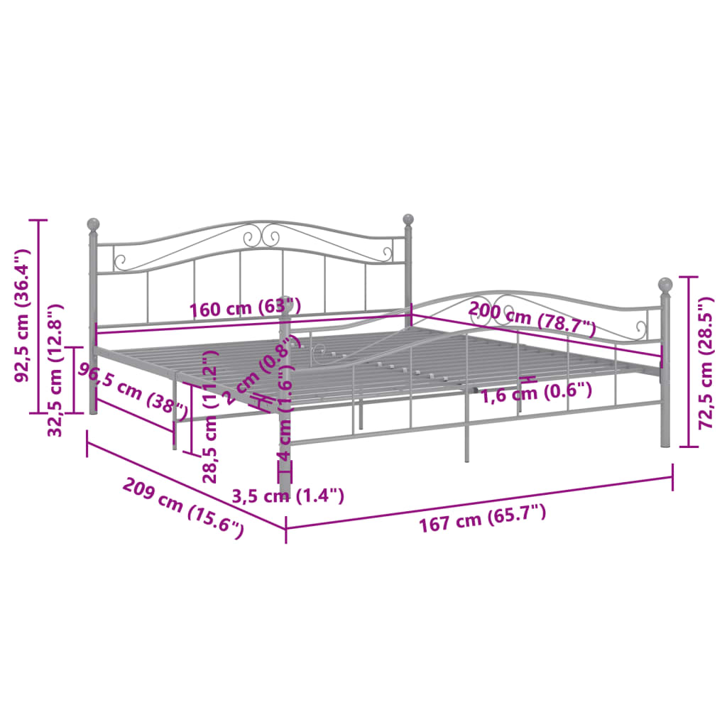 Bed Frame | Grey | Powder-coated metal | Double | Durable | Bed Frame