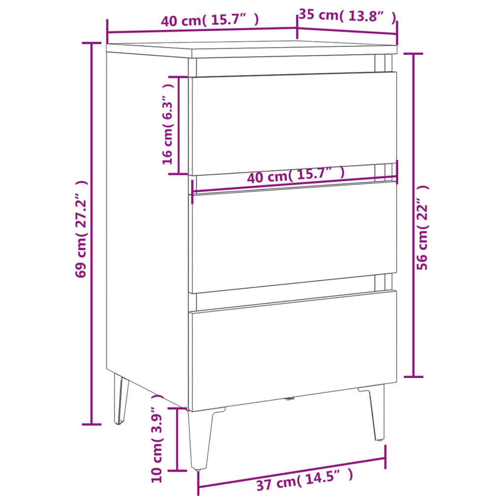 805911 vidaXL Bed Cabinet with Metal Legs Sonoma Oak 40x35x69 cm
