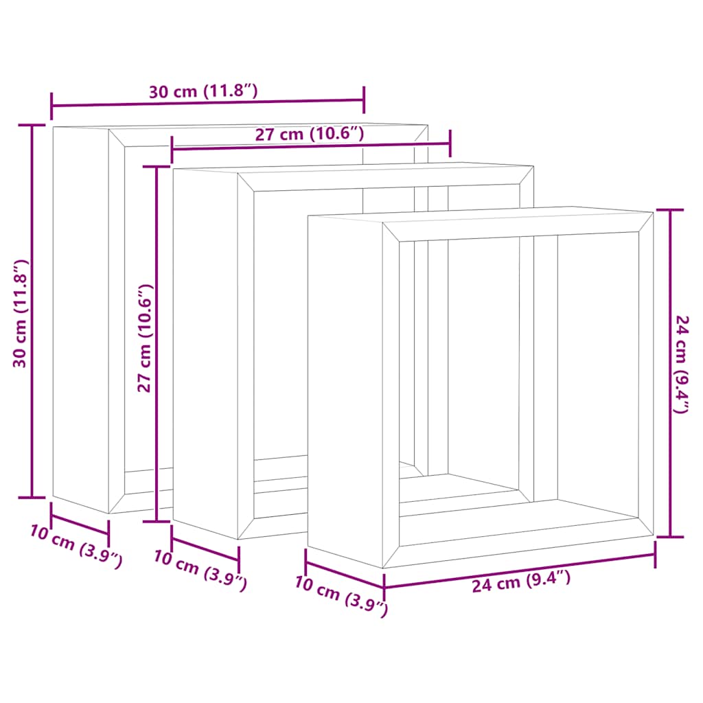 Wall Cube Shelf Set of 3 White and Sonoma Oak MDF Small to Medium
