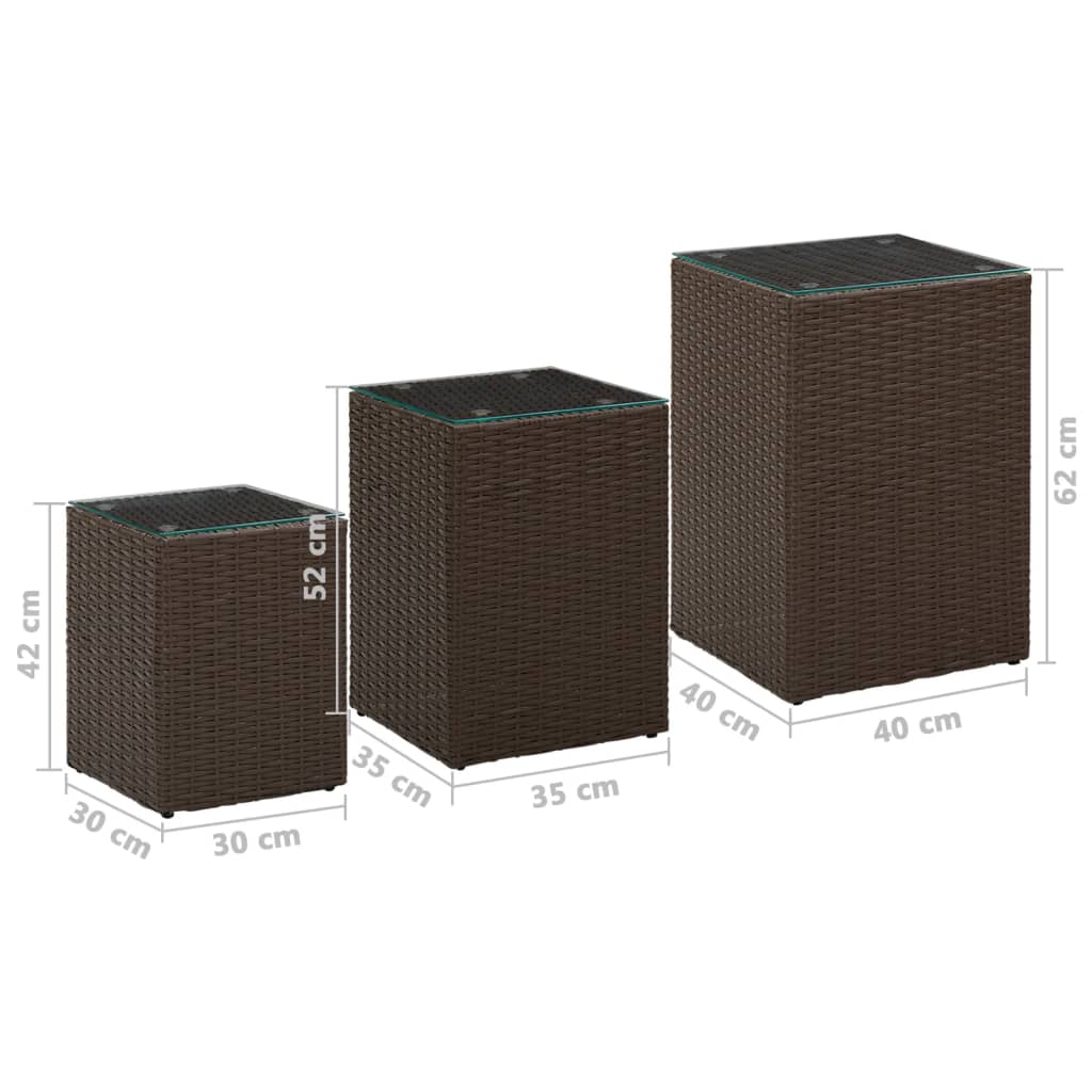 Side Table | Set of 3 | Brown | Poly rattan, glass, metal