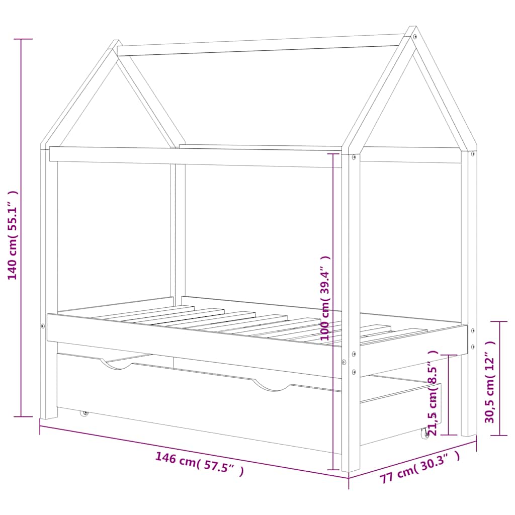 Kids Bed Frame with a Drawer Solid Pine Wood 70x140 cm