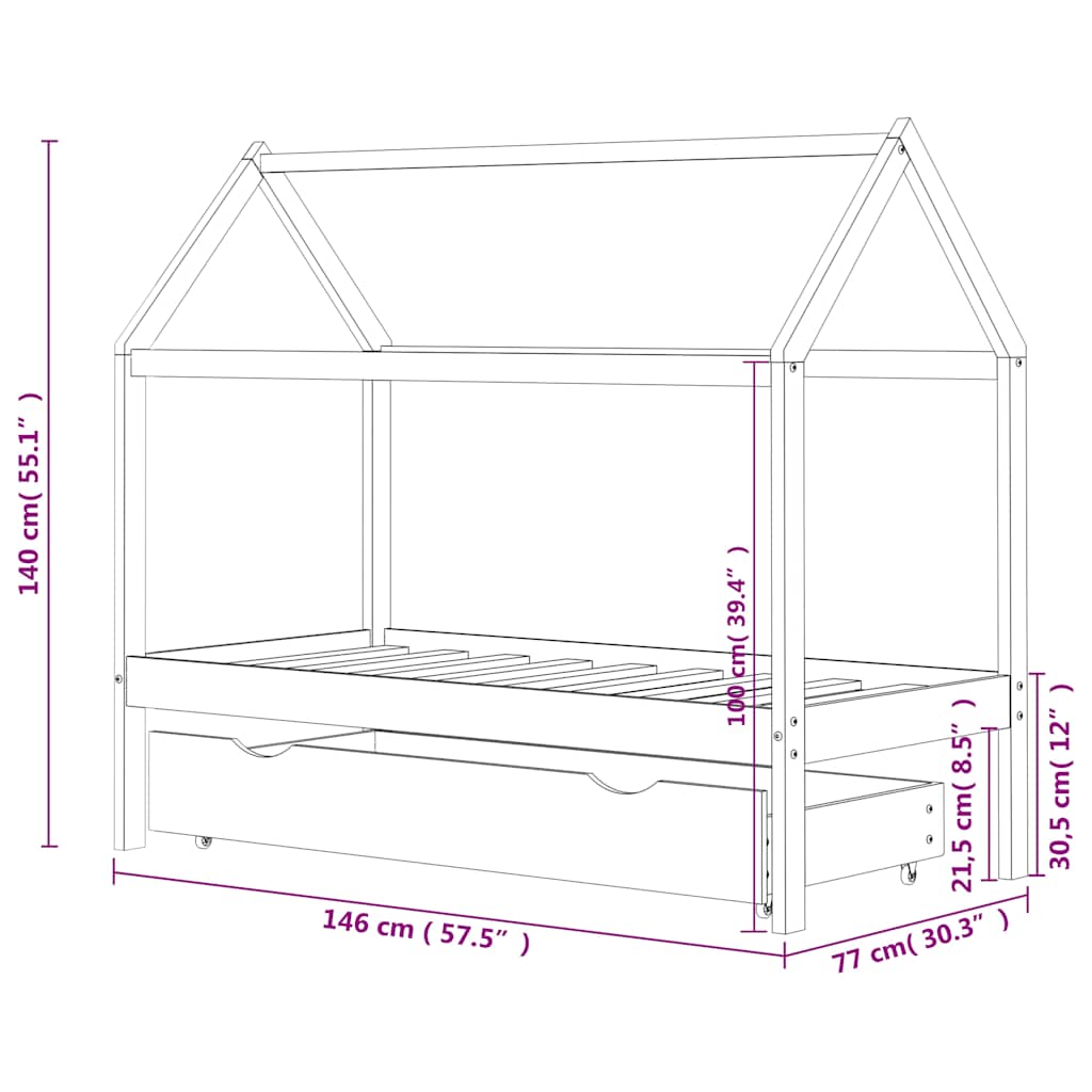 Kids Bed Frame with a Drawer White Solid Pine Wood 70x140 cm