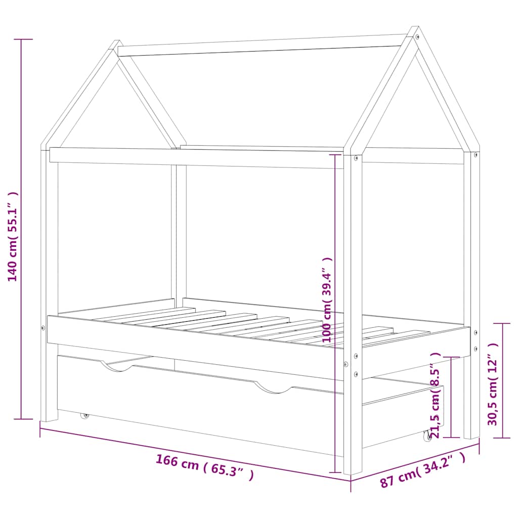 Kids Bed Frame with a Drawer Dark Grey Solid Pine Wood 80x160cm