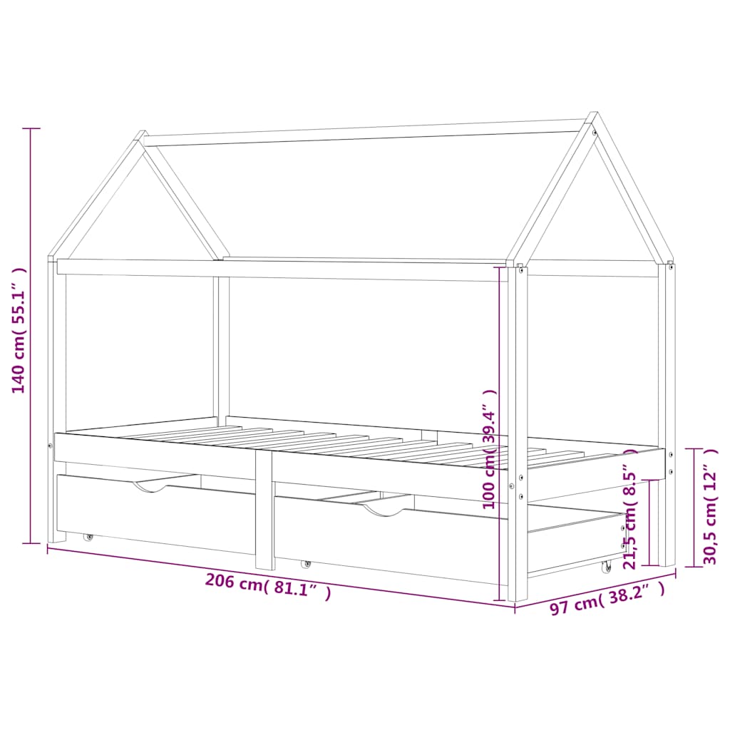 Kids Bed Frame | Dark Grey | Solid Pine Wood | 90x200 cm | Kids Bed Frame