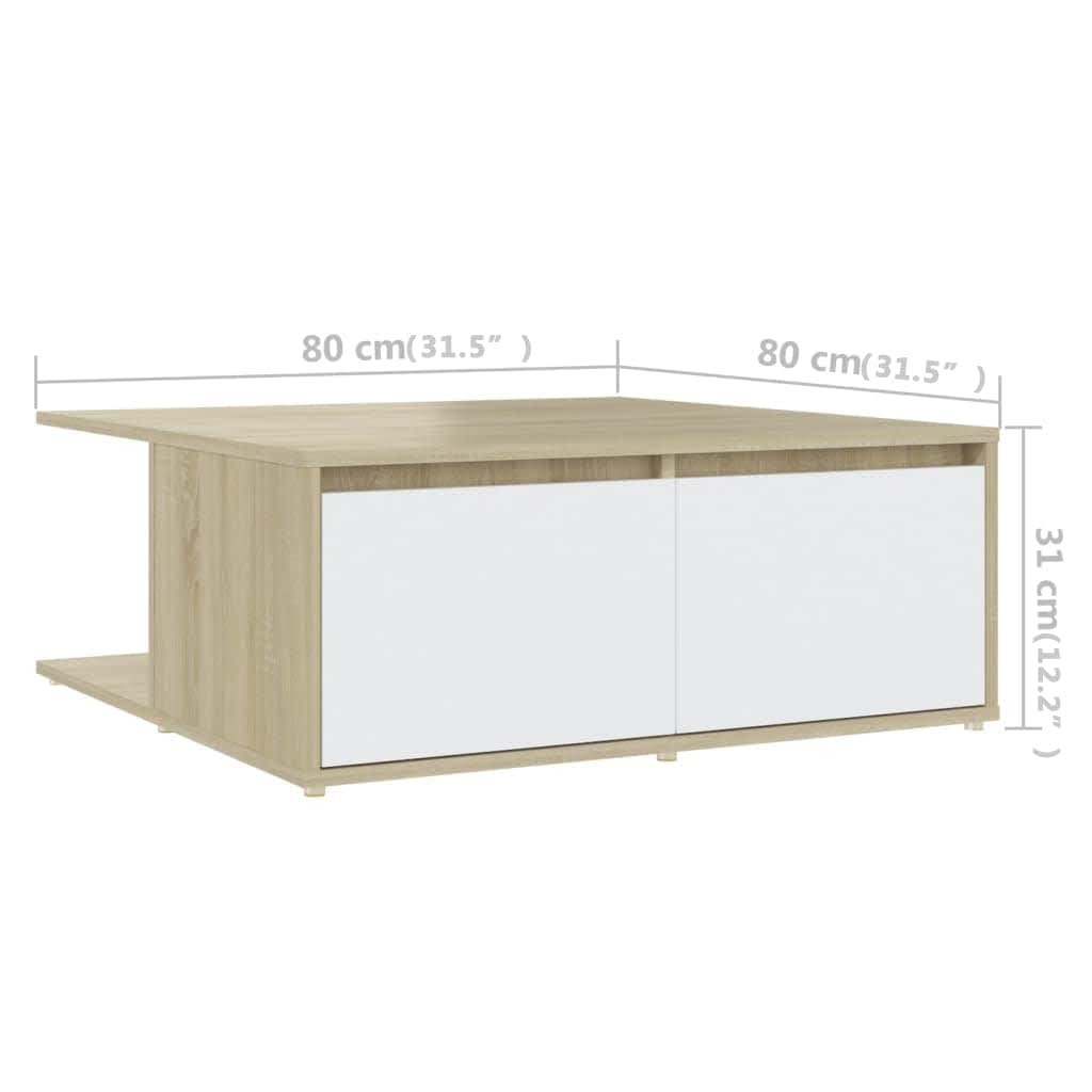 Coffee Table | White and Sonoma Oak | Engineered Wood | 80 cm | Storage