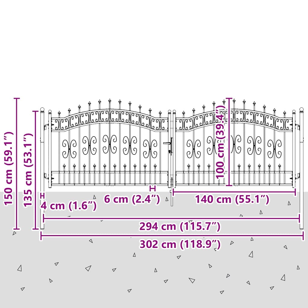 Fence Gate "KAMPEN" with Spear Top Black 302x100 cm Steel