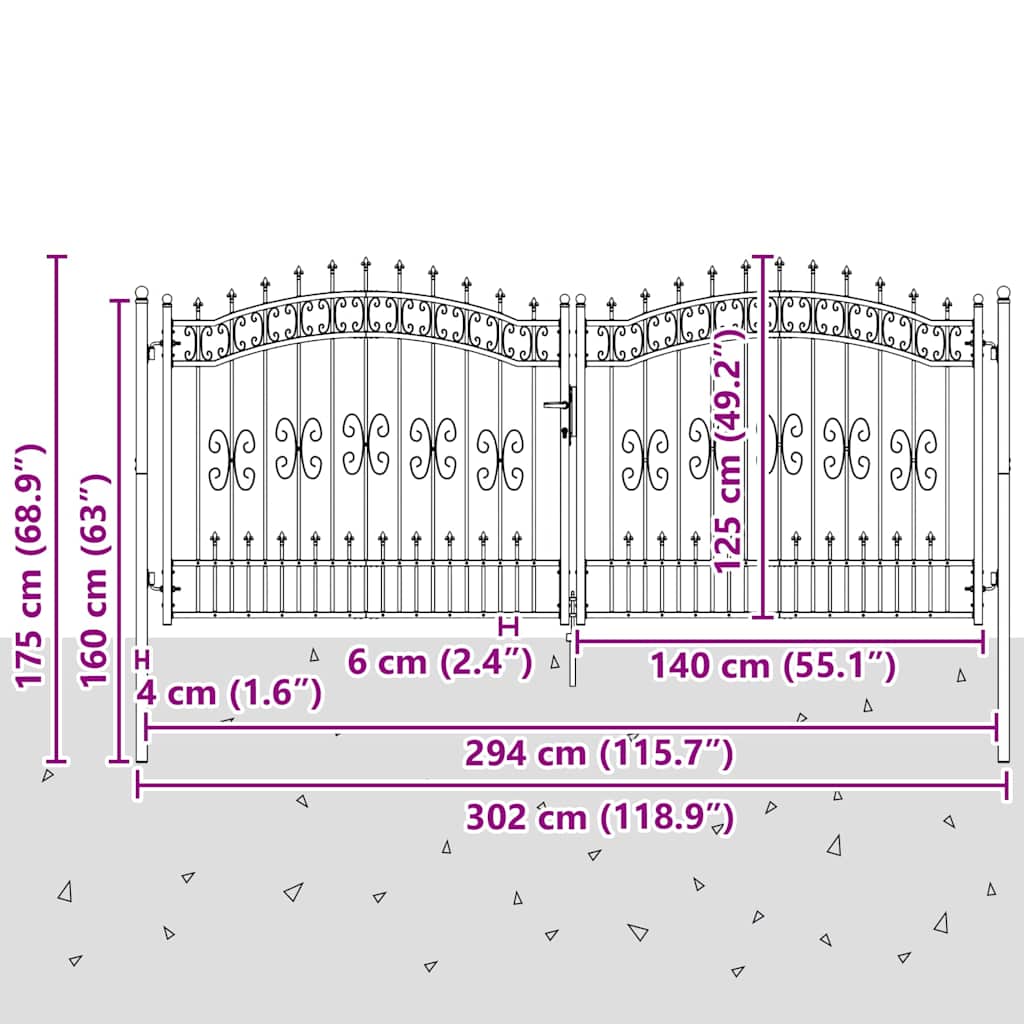 Fence Gate "KAMPEN" with Spear Top Black 302x125 cm Steel