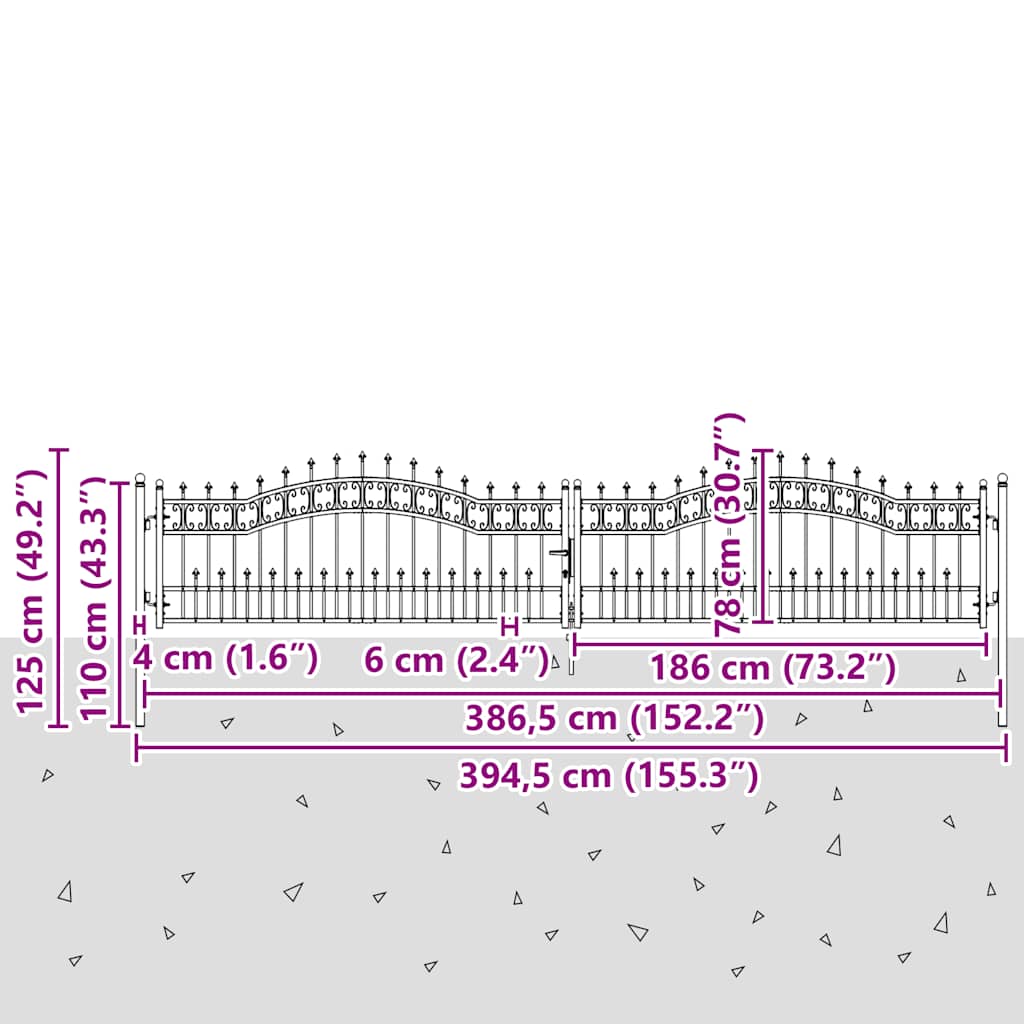 Fence Gate "KAMPEN" with Spear Top Black 394,5x78 cm Steel