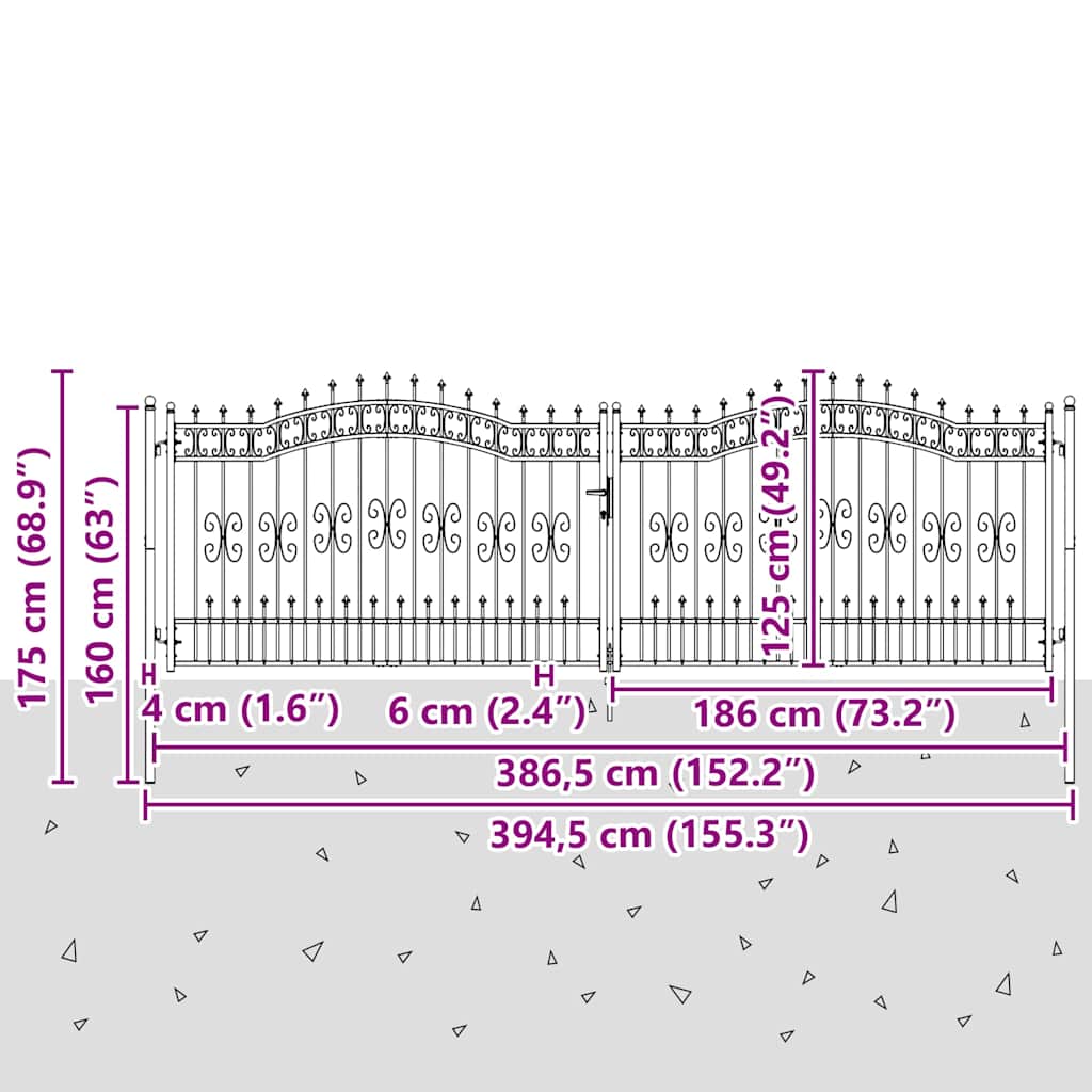 Fence Gate "KAMPEN" with Spear Top Black 394,5x125 cm Steel
