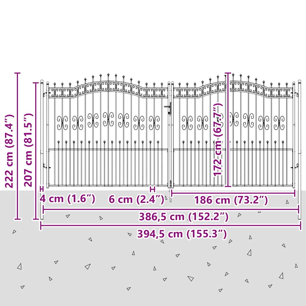 Fence Gate "KAMPEN" with Spear Top Black 394,5x172 cm Steel