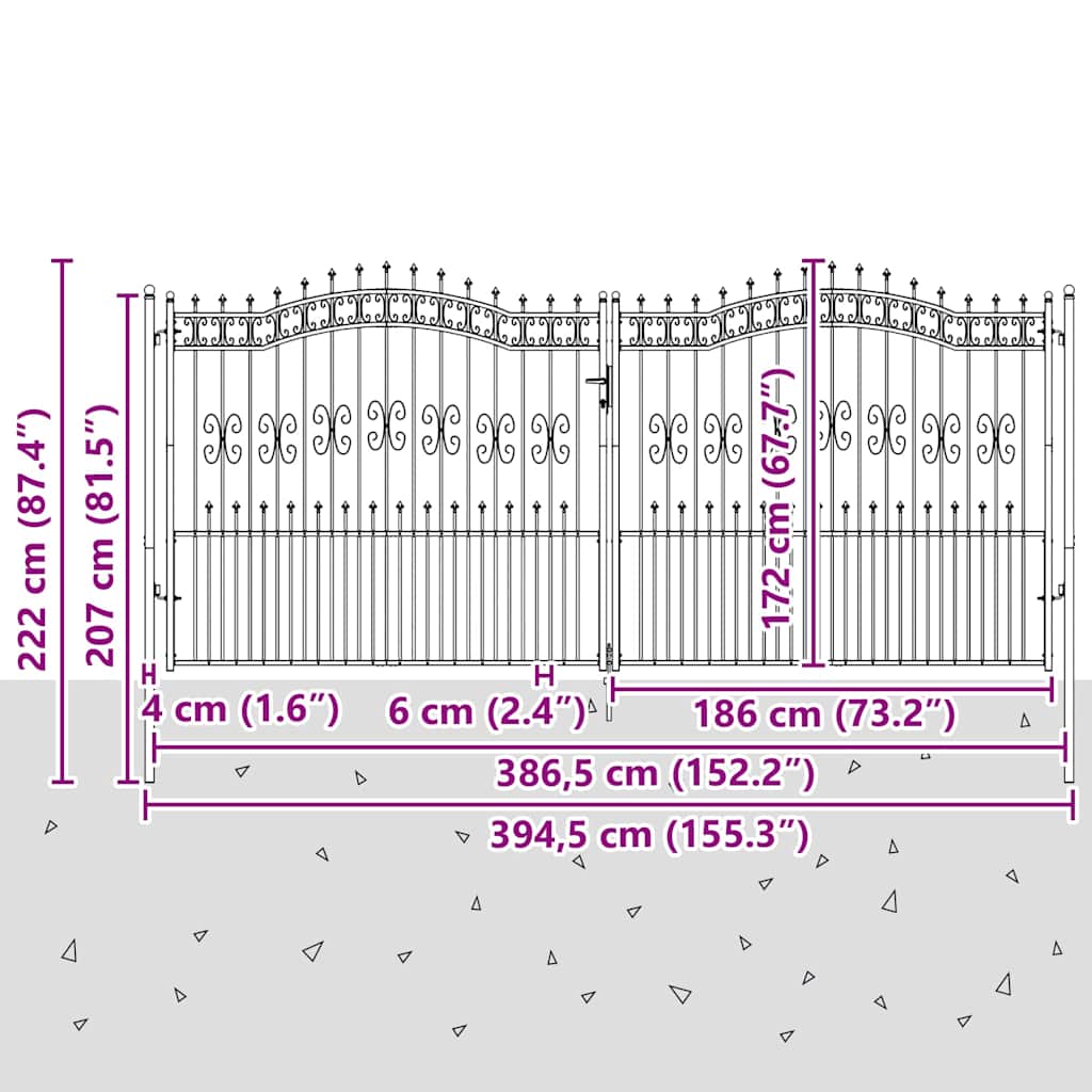 Fence Gate "KAMPEN" with Spear Top Black 394,5x172 cm Steel