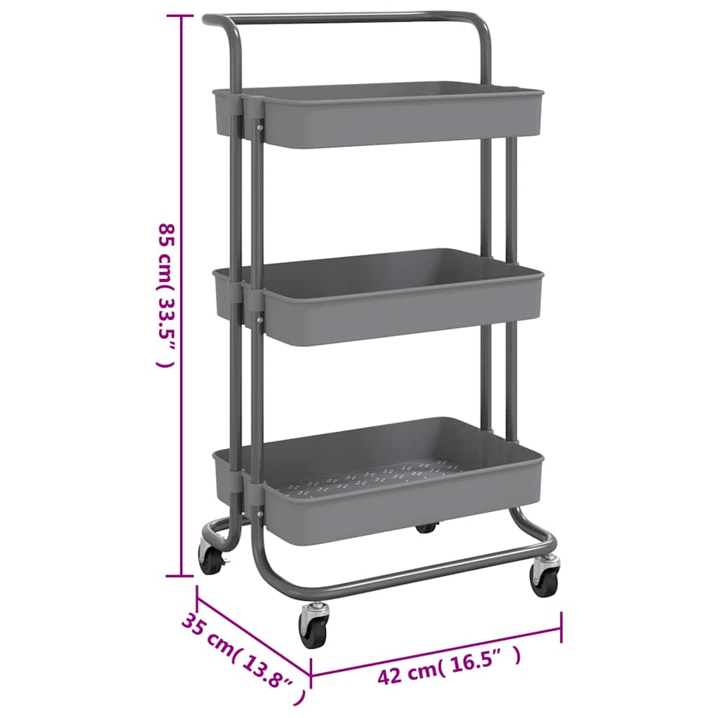 336337 vidaXL 3-Tier Kitchen Trolley Grey 42x35x85 cm Iron and ABS