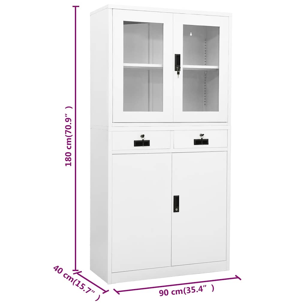 Office Cabinet | White | Steel and tempered glass | 90 x 40 x 180 cm