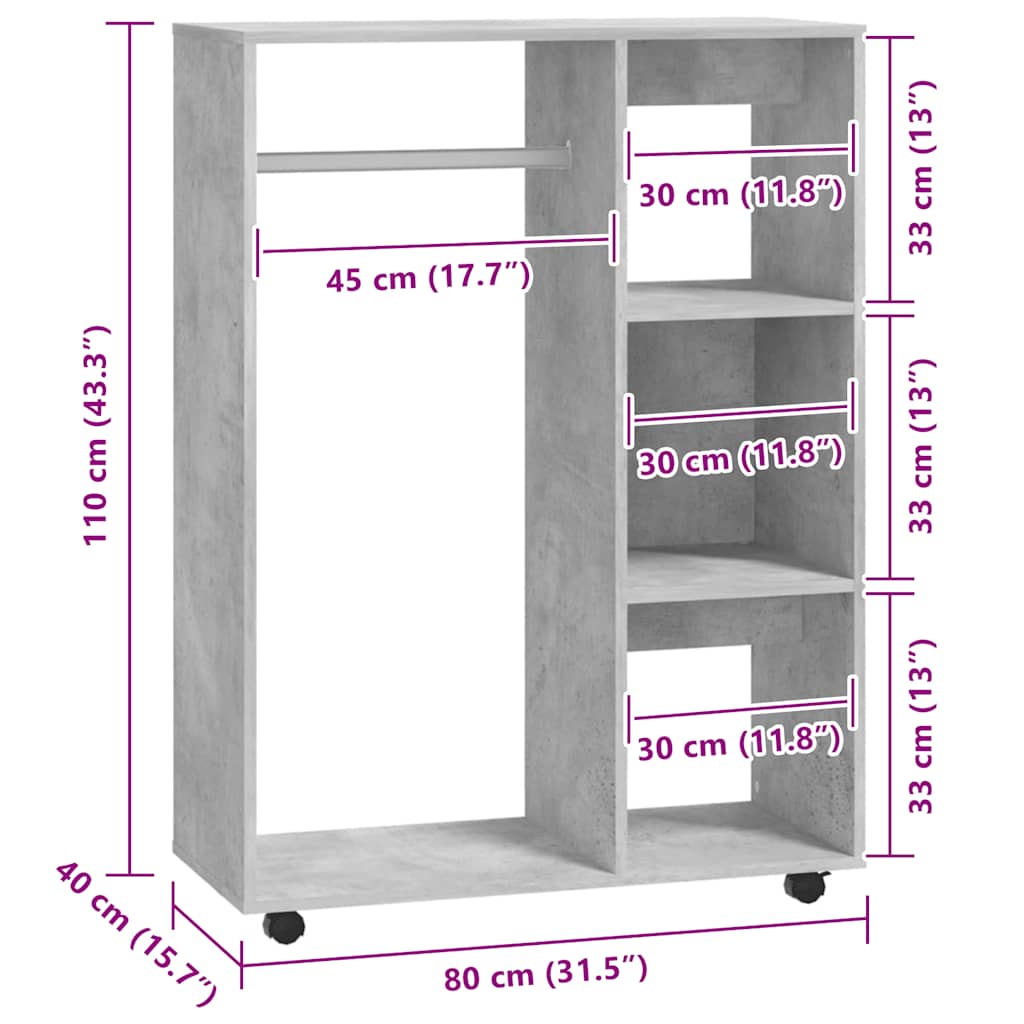 Wardrobe Concrete Grey 80x40x110 cm Engineered Wood