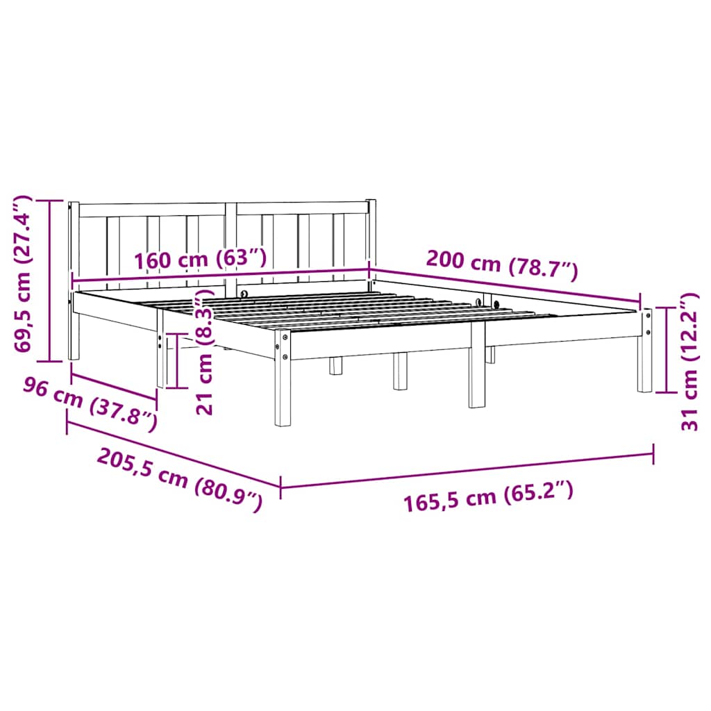 Bed Frame without Mattress Solid Wood 160x200 cm