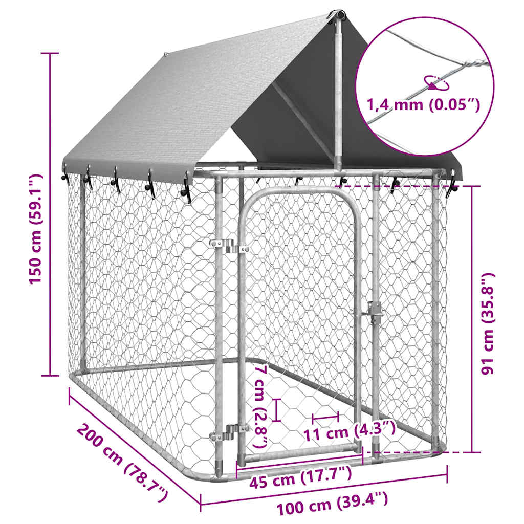 Dog Kennel Silver Galvanized steel, Polyethylene