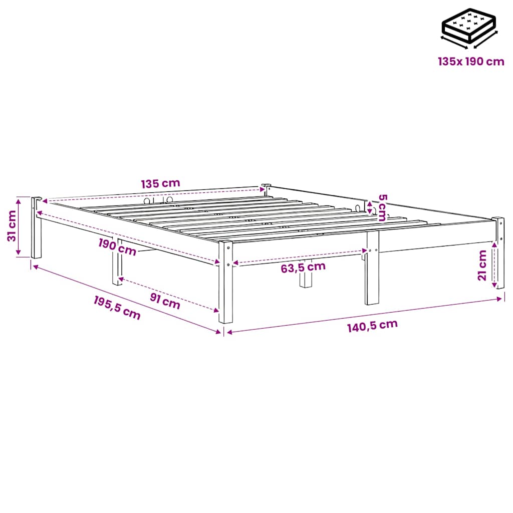 Bed Frame without Mattress White Solid Wood Double