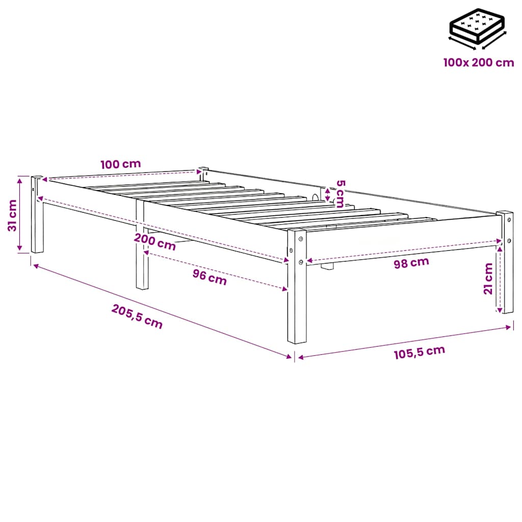 810008 vidaXL Bed Frame without Mattress White Solid Wood 100x200 cm