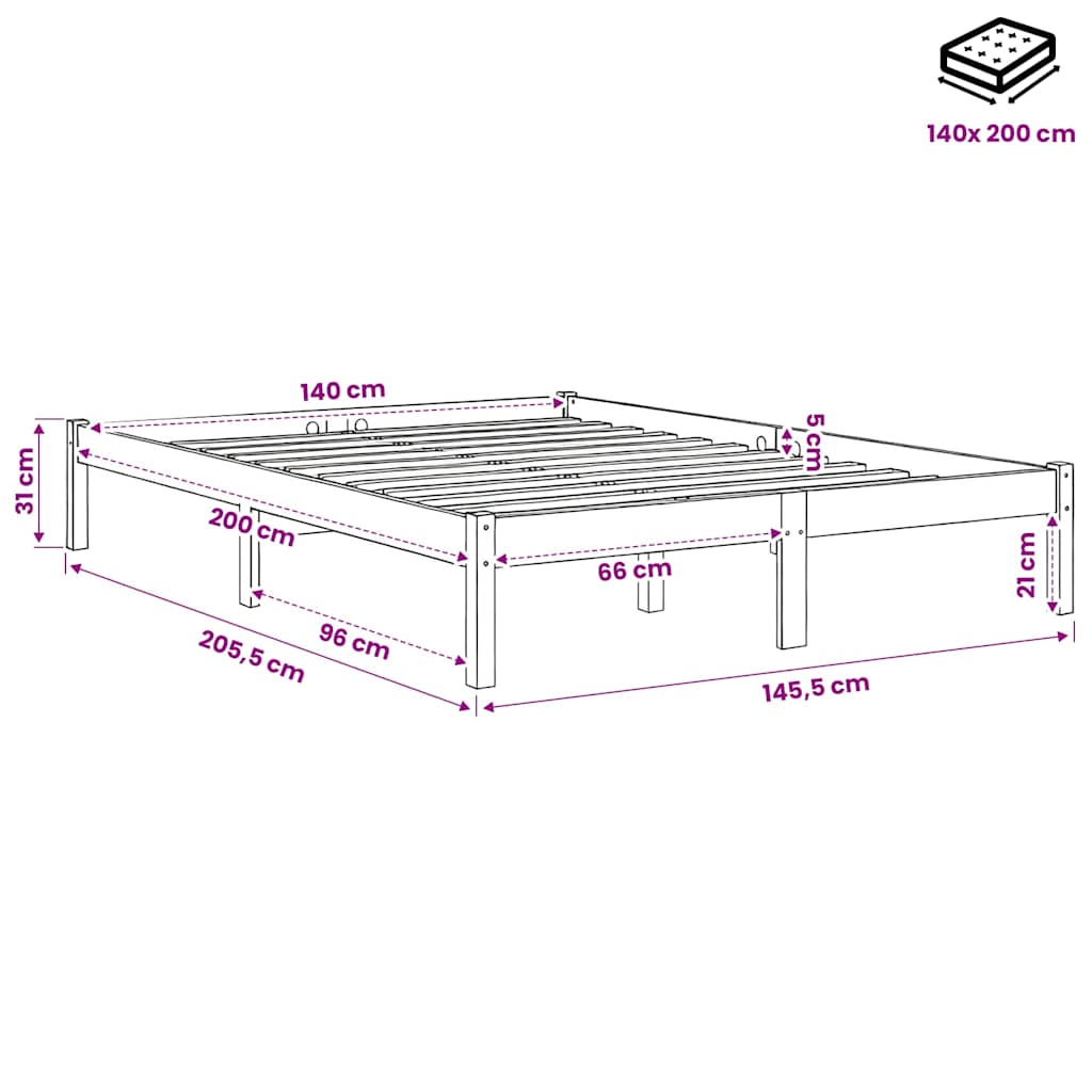 Bed Frame | Natural Pine | Solid pinewood | 140x200 cm mattress size