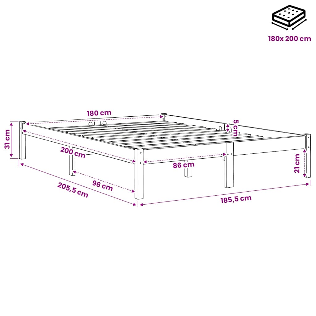 Bed Frame | White | Solid pinewood | Super King | Durable | Bed Frame