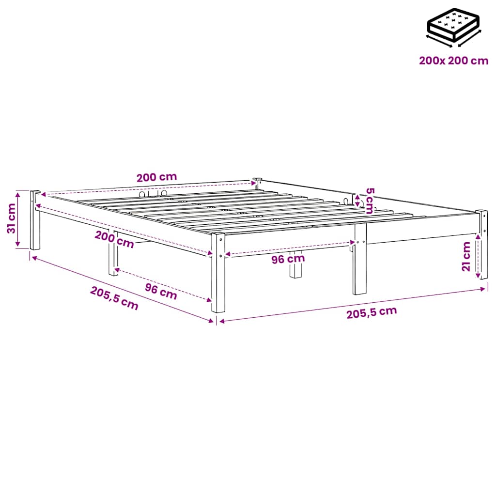 810039 vidaXL Bed Frame without Mattress Grey Solid Wood 200x200 cm
