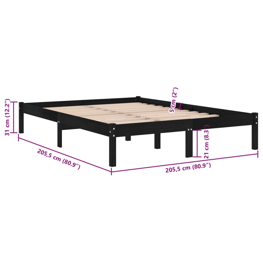 Bed Frame | Black | Solid pinewood | 200x200 cm | Bed Frame | Rectangular