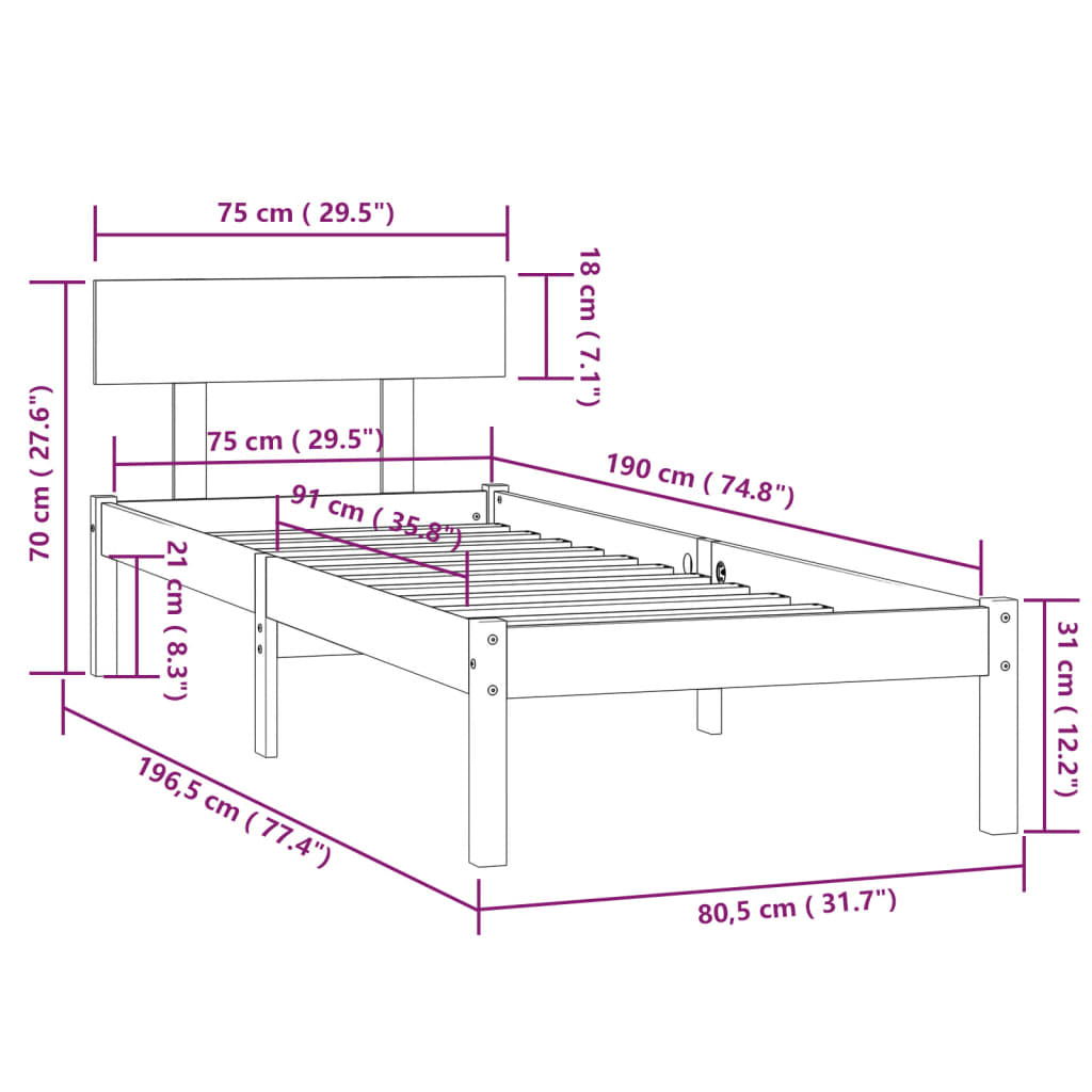 Bed Frame | White | Solid Pinewood | Small Single | Durable | Bed Frame