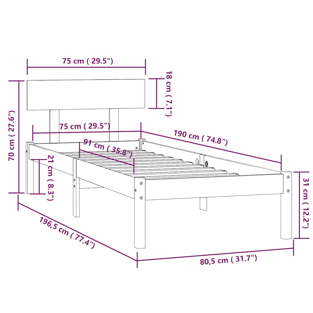Bed Frame without Mattress White Solid Wood Small Single