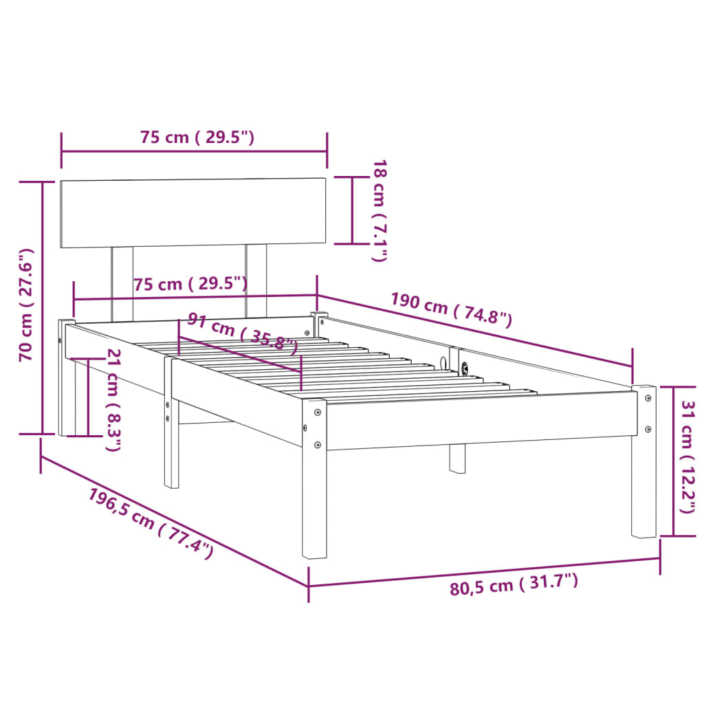 Bed Frame | Black | Solid pine wood | Small Single | Bed Frame