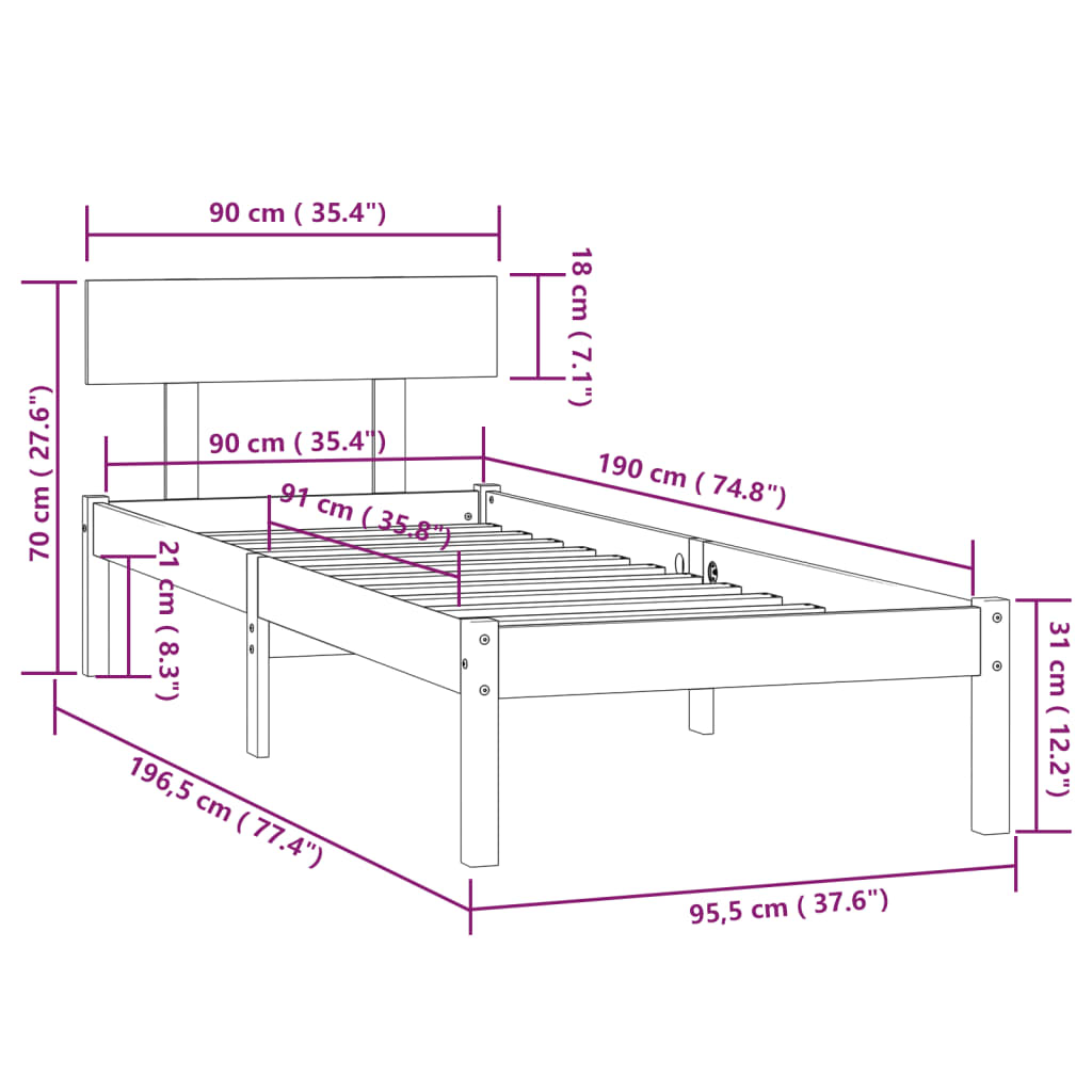 Bed Frame without Mattress Black Solid Wood Pine Single