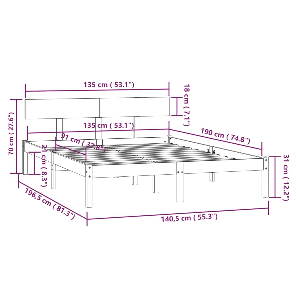 Bed Frame without Mattress Black Solid Wood Pine Double