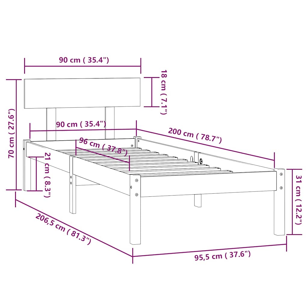 Bed Frame without Mattress White Solid Wood 90x200 cm