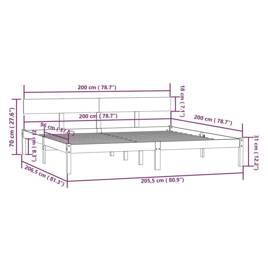 Bed Frame | Grey | Solid pinewood | 200 x 200 cm | Durable | Bed Frame