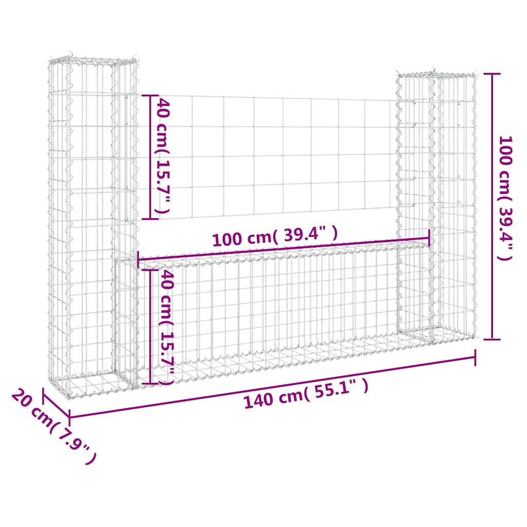 U-shape Gabion Basket with 2 Posts Iron 55.1"x7.9"x39.4