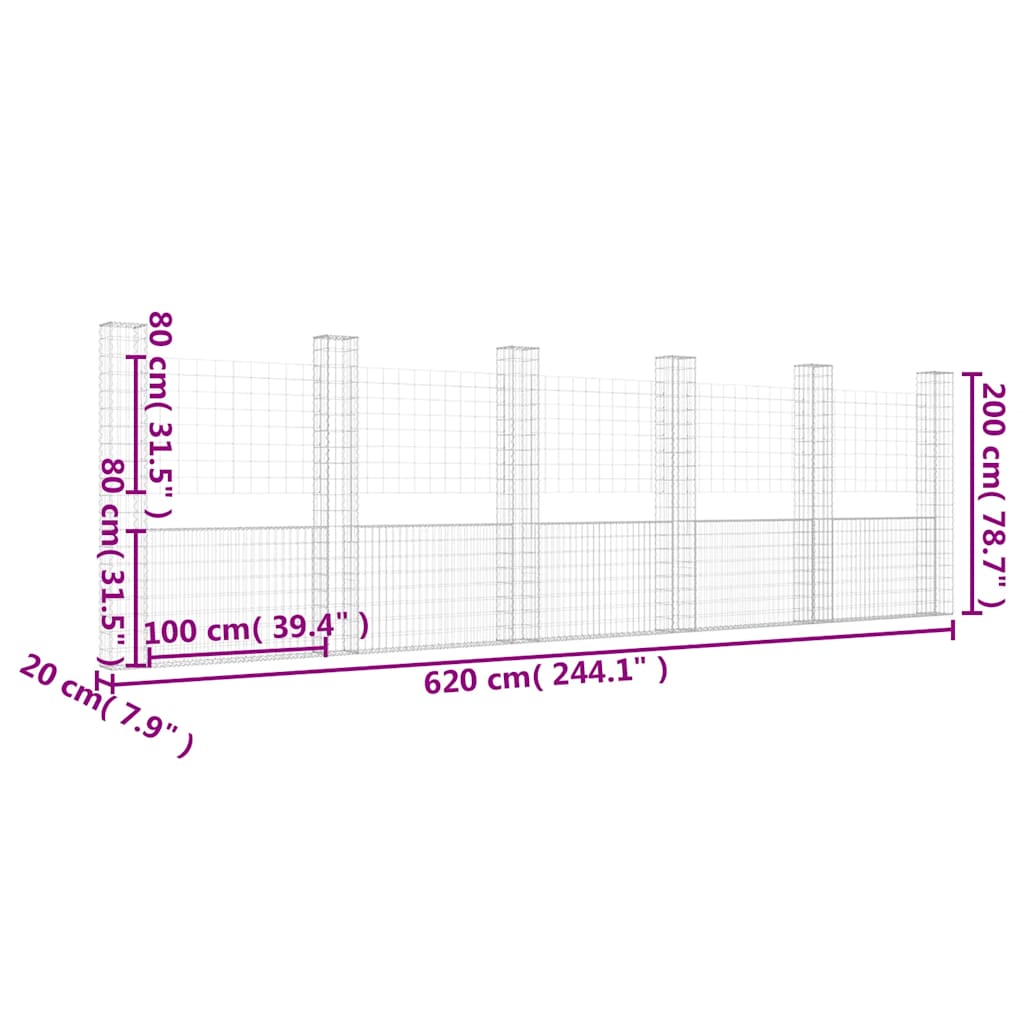 U-shape Gabion Basket with 6 Posts Iron 620x20x200 cm