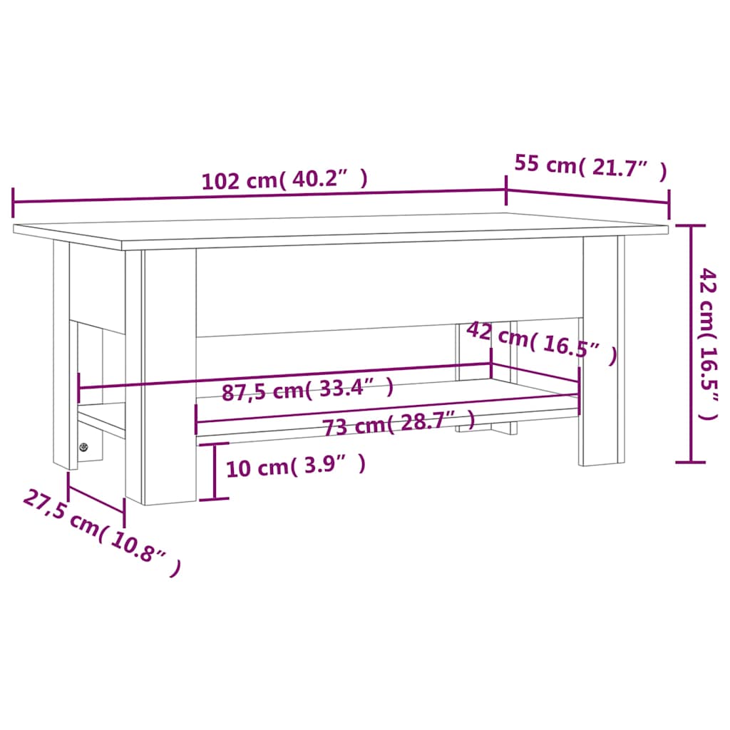 810253 vidaXL Coffee Table White 102x55x42 cm Engineered Wood
