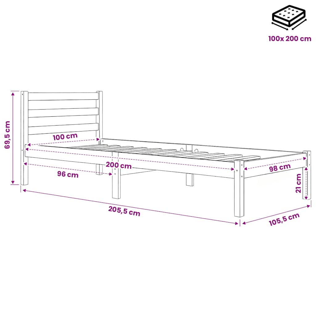 Bed Frame without Mattress Solid Wood Pine 100x200cm