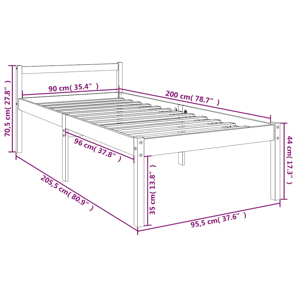 Senior Bed without Mattress 90x200cm Solid Wood Pine
