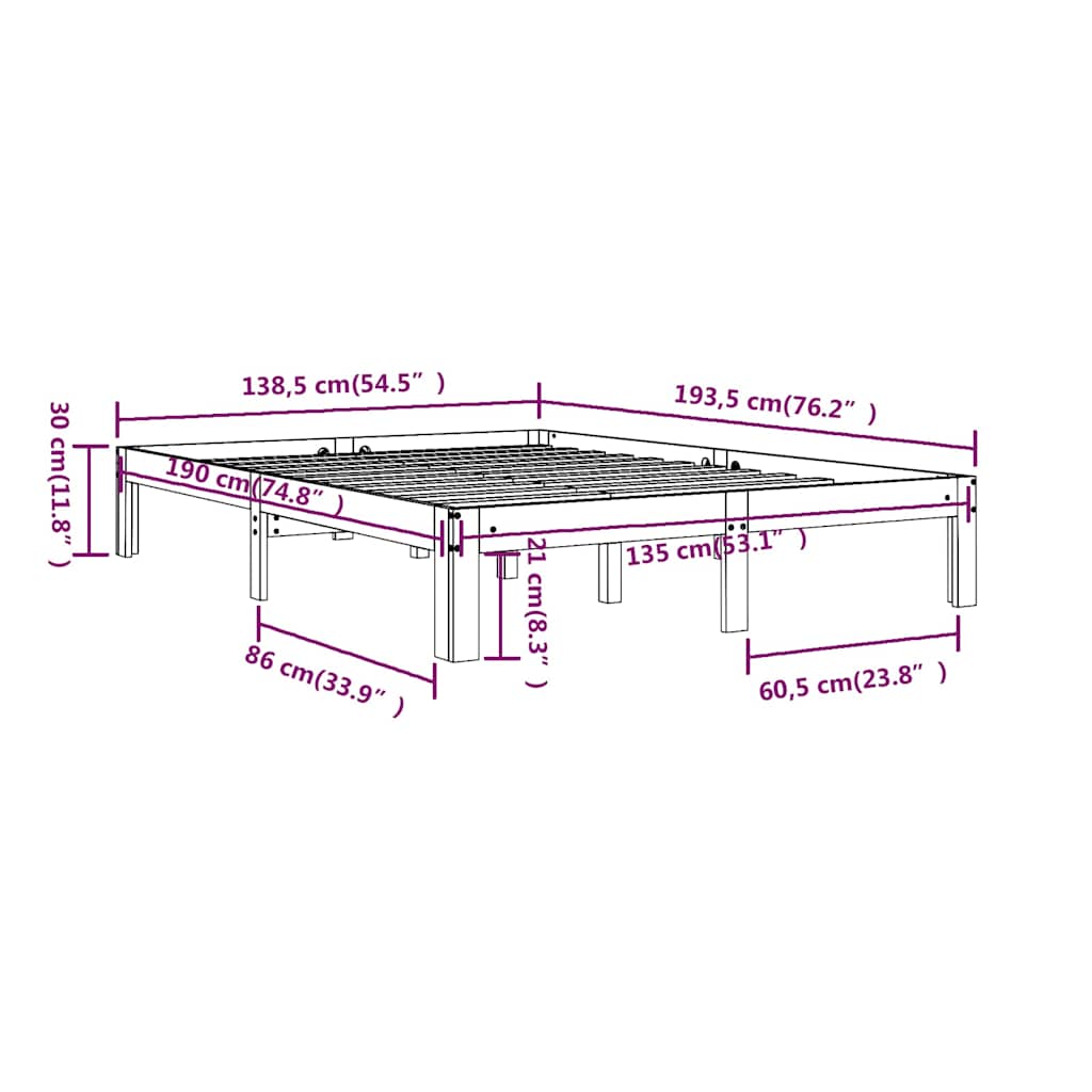 Bed Frame | White | Solid pine wood | 135 x 190 cm, Double | Minimalistic