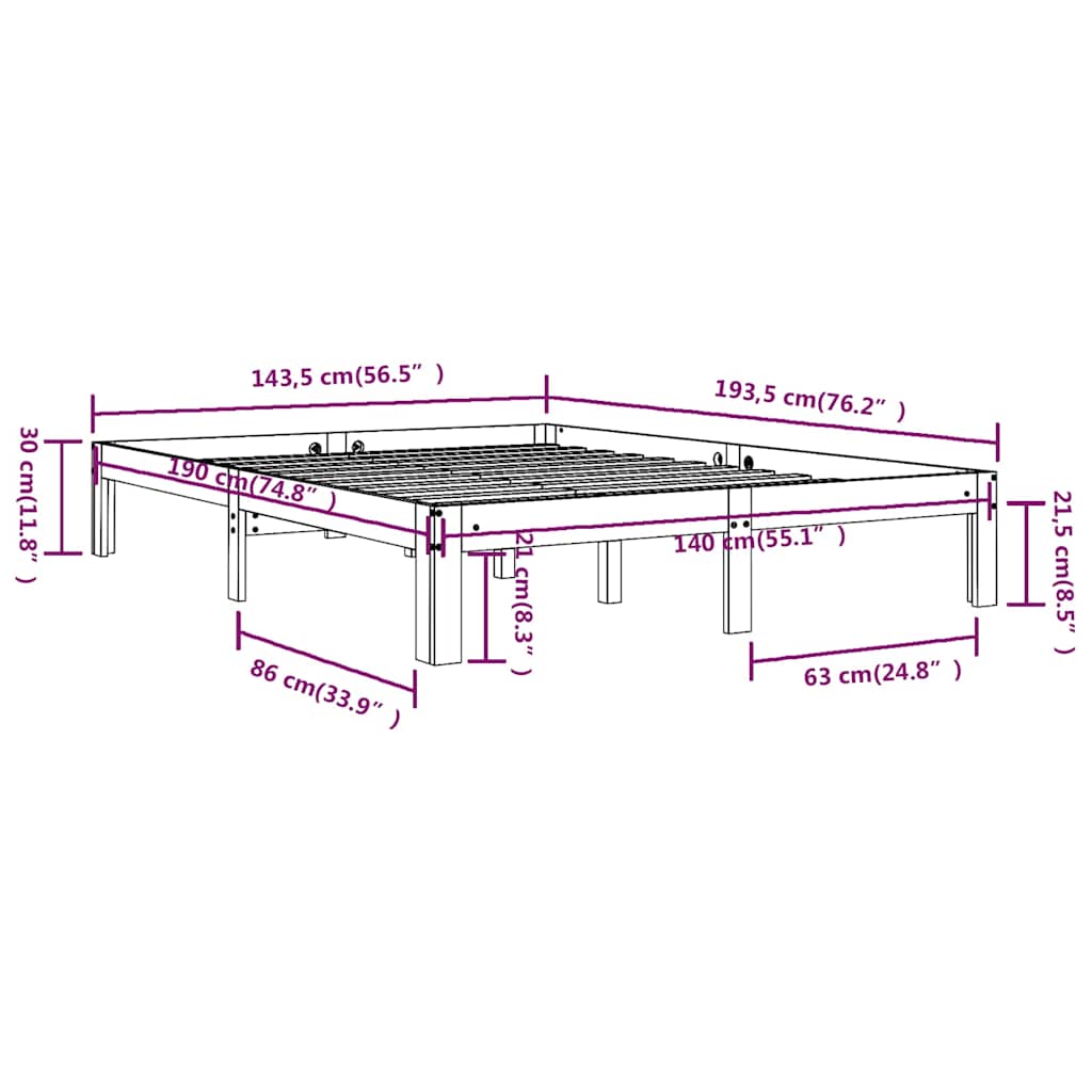 Bed Frame | Natural | Solid Pine Wood | 140x190 cm | Durable | Bed Frame